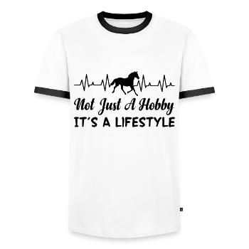 Pas seulement un passe-temps, mais un style de vie - T-shirt contrasté Homme - blanc/noir - Devant - AI Model Female 172 light (172cm) & AI Model Male 178 dark (178cm)