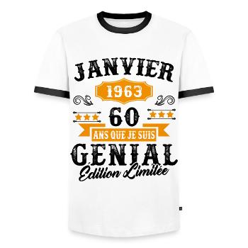 60 Ans Anniversaire Vintage Né(e) en Janvier 1963 - T-shirt contrasté Homme - blanc/noir - Devant - AI Model Female 172 light (172cm) & AI Model Male 178 dark (178cm)