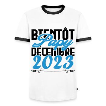 Annonce grossesse bientôt Papy Décembre 2023 - T-shirt contrasté Homme - blanc/noir - Devant - AI Model Female 172 light (172cm) & AI Model Male 178 dark (178cm)