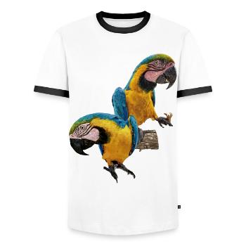 The blue and yellow macaw - Men's Ringer Shirt - white/black - Front - AI Model Female 172 light (172cm) & AI Model Male 178 dark (178cm)