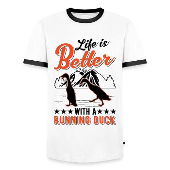 La vie est meilleure avec un Running Duck Laufente - T-shirt contrasté Homme - blanc/noir - Devant - AI Model Female 172 light (172cm) & AI Model Male 178 dark (178cm)