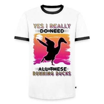 Oui, j’ai vraiment besoin de tous ces canards qui courent - T-shirt contrasté Homme - blanc/noir - Devant - AI Model Female 172 light (172cm) & AI Model Male 178 dark (178cm)