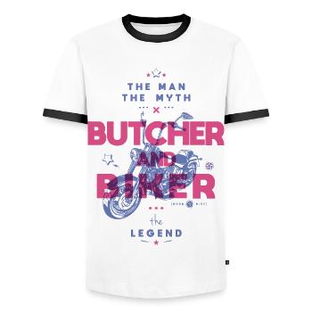 Metzger und Biker der Mann der Mythos die Legende - Männer Kontrast-T-Shirt - Weiß/Schwarz - Vorne - AI Model Female 172 light (172cm) & AI Model Male 178 dark (178cm)