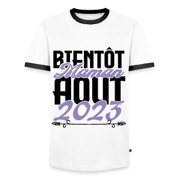 Annonce grossesse. bientôt Maman Aout 2023. août - T-shirt contrasté Homme - blanc/noir - Devant - AI Model Female 172 light (172cm) & AI Model Male 178 dark (178cm)