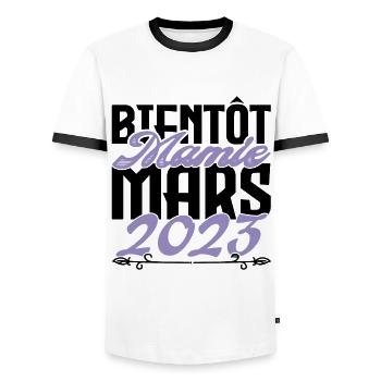 Annonce grossesse. bientôt Mamie Mars 2023. - T-shirt contrasté Homme - blanc/noir - Devant - AI Model Female 172 light (172cm) & AI Model Male 178 dark (178cm)