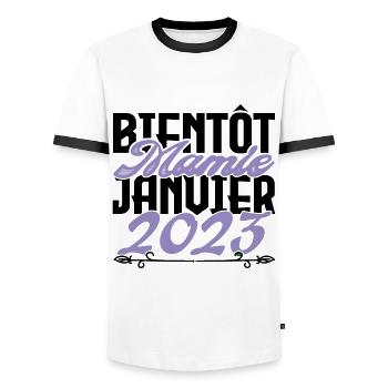 Annonce grossesse. bientôt Mamie Janvier 2023. - T-shirt contrasté Homme - blanc/noir - Devant - AI Model Female 172 light (172cm) & AI Model Male 178 dark (178cm)
