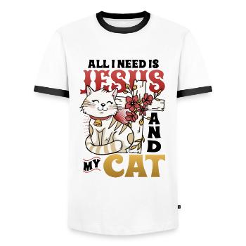 All I need is Jesus and my cat - Men's Ringer Shirt - white/black - Front - AI Model Female 172 light (172cm) & AI Model Male 178 dark (178cm)