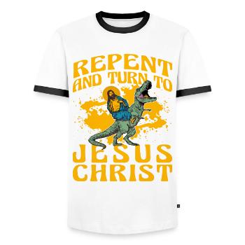Repentez-vous et tournez-vous vers Jésus-Christ - T-shirt contrasté Homme - blanc/noir - Devant - AI Model Female 172 light (172cm) & AI Model Male 178 dark (178cm)