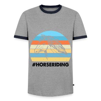 Horseback Riding Colorful Sunset Background Horse - Men's Ringer Shirt - grey/navy  - Front - AI Model Female 172 light (172cm) & AI Model Male 178 light (178cm)