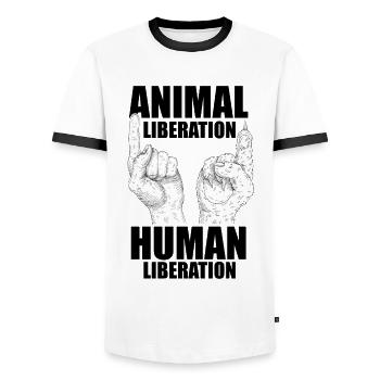 Animal Liberation Human Liberation Animal Lover Zo - Männer Kontrast-T-Shirt - Weiß/Schwarz - Vorne - AI Model Female 172 light (172cm) & AI Model Male 178 dark (178cm)
