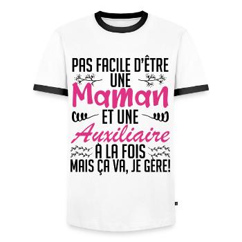 pas facile d'être une maman et une Auxiliaire. - T-shirt contrasté Homme - blanc/noir - Devant - AI Model Female 172 light (172cm) & AI Model Male 178 dark (178cm)
