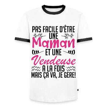 pas facile d'être une maman et une Vendeuse. - T-shirt contrasté Homme - blanc/noir - Devant - AI Model Female 172 light (172cm) & AI Model Male 178 dark (178cm)
