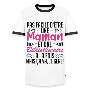 pas facile d'être une maman et une Bibliothécaire. - T-shirt contrasté Homme - blanc/noir - Devant - AI Model Female 172 light (172cm) & AI Model Male 178 dark (178cm)