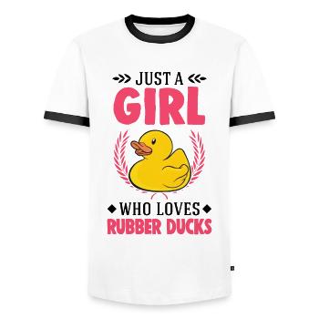 Canard en caoutchouc Fille Canard couinant Canard de bain - T-shirt contrasté Homme - blanc/noir - Devant - AI Model Female 172 light (172cm) & AI Model Male 178 dark (178cm)