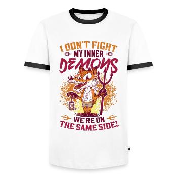 J’aime mes démons intérieurs, l’humour gothique. - T-shirt contrasté Homme - blanc/noir - Devant - AI Model Female 172 light (172cm) & AI Model Male 178 dark (178cm)