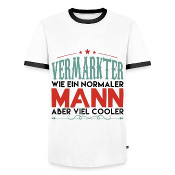 VERMARKTER WIE EIN NORMALER MANN ABER VIEL COOLER! - Männer Kontrast-T-Shirt - Weiß/Schwarz - Vorne - AI Model Female 172 light (172cm) & AI Model Male 178 dark (178cm)