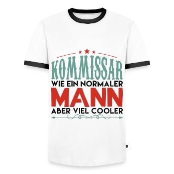 KOMMISSAR WIE EIN NORMALER MANN ABER VIEL COOLER - Männer Kontrast-T-Shirt - Weiß/Schwarz - Vorne - AI Model Female 172 light (172cm) & AI Model Male 178 dark (178cm)