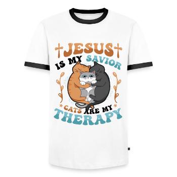 Jesus is my Savior, cats are my therapy. - Men's Ringer Shirt - white/black - Front - AI Model Female 172 light (172cm) & AI Model Male 178 dark (178cm)