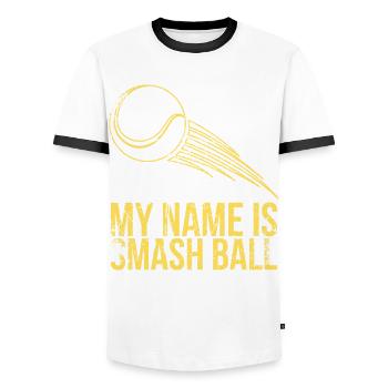 My name is Smash Ball Design for tennis fans - Men's Ringer Shirt - white/black - Front - AI Model Female 172 light (172cm) & AI Model Male 178 dark (178cm)