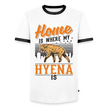 La maison est l’endroit où se trouve ma hyène - T-shirt contrasté Homme - blanc/noir - Devant - AI Model Female 172 light (172cm) & AI Model Male 178 dark (178cm)