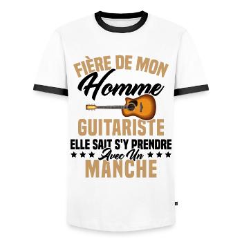 Fier de ma femme guitariste manche - T-shirt contrasté Homme - blanc/noir - Devant - AI Model Female 172 light (172cm) & AI Model Male 178 dark (178cm)