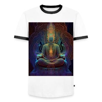 Colorful Psychedelic Buddha Meditation - Men's Ringer Shirt - white/black - Front - AI Model Female 172 light (172cm) & AI Model Male 178 dark (178cm)