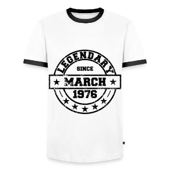 Legendary since March 1976 - Birthday - Men's Ringer Shirt - white/black - Front - AI Model Female 172 light (172cm) & AI Model Male 178 dark (178cm)