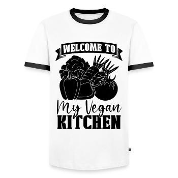 Bienvenue dans mon chef végétalien Chefs végétaliens à base de plantes - T-shirt contrasté Homme - blanc/noir - Devant - AI Model Female 172 light (172cm) & AI Model Male 178 dark (178cm)