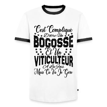 c'est compliqué être un Bogosse et un Viticulteur. - T-shirt contrasté Homme - blanc/noir - Devant - AI Model Female 172 light (172cm) & AI Model Male 178 dark (178cm)