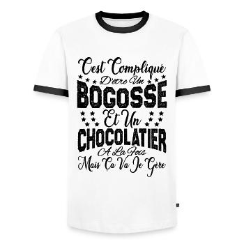 c'est compliqué être un Bogosse et un Chocolatier. - T-shirt contrasté Homme - blanc/noir - Devant - AI Model Female 172 light (172cm) & AI Model Male 178 dark (178cm)