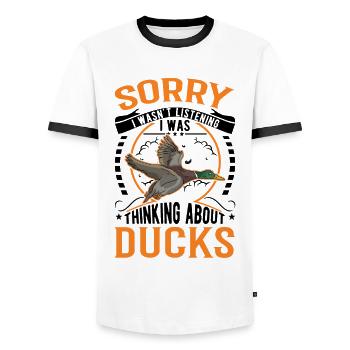 Duck Gift Duck Duck Breeder - Men's Ringer Shirt - white/black - Front - AI Model Female 172 light (172cm) & AI Model Male 178 dark (178cm)
