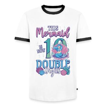This mermaid is now 10, double digits - Men's Ringer Shirt - white/black - Front - AI Model Female 172 light (172cm) & AI Model Male 178 dark (178cm)