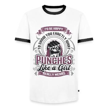 Show what "punches like a girl" means: - Men's Ringer Shirt - white/black - Front - AI Model Female 172 light (172cm) & AI Model Male 178 dark (178cm)
