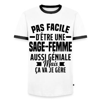 sage-femme et géniale mais ça va je gère - T-shirt contrasté Homme - blanc/noir - Devant - AI Model Female 172 light (172cm) & AI Model Male 178 dark (178cm)