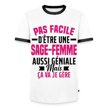 sage-femme et géniale mais ça va je gère - T-shirt contrasté Homme - blanc/noir - Devant - AI Model Female 172 light (172cm) & AI Model Male 178 dark (178cm)
