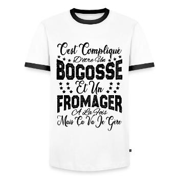 c'est compliqué d'être un Bogosse et un Fromager. - T-shirt contrasté Homme - blanc/noir - Devant - AI Model Female 172 light (172cm) & AI Model Male 178 dark (178cm)