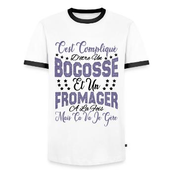 c'est compliqué d'être un Bogosse et un Fromager. - T-shirt contrasté Homme - blanc/noir - Devant - AI Model Female 172 light (172cm) & AI Model Male 178 dark (178cm)