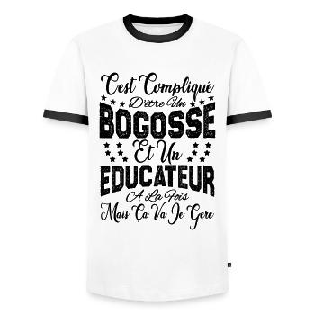 c'est compliqué d'être un Bogosse et un Educateur. - T-shirt contrasté Homme - blanc/noir - Devant - AI Model Female 172 light (172cm) & AI Model Male 178 dark (178cm)