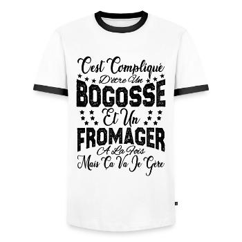 c'est compliqué d'être un Bogosse et un Fromager. - T-shirt contrasté Homme - blanc/noir - Devant - AI Model Female 172 light (172cm) & AI Model Male 178 dark (178cm)