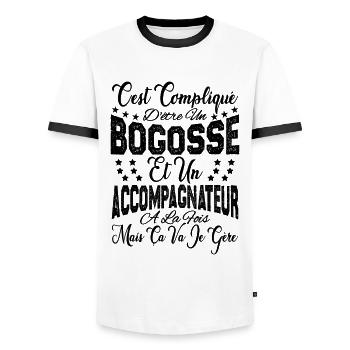 compliqué d'être un Bogosse et un Accompagnateur. - T-shirt contrasté Homme - blanc/noir - Devant - AI Model Female 172 light (172cm) & AI Model Male 178 dark (178cm)