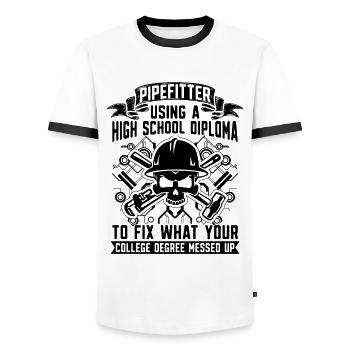 Pipefitter Using A High School Laborer Pipefitters - Men's Ringer Shirt - white/black - Front - AI Model Female 172 light (172cm) & AI Model Male 178 dark (178cm)