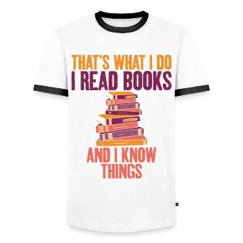 C’est ce que je fais, je lis des livres et je sais - T-shirt contrasté Homme - blanc/noir - Devant - AI Model Female 172 light (172cm) & AI Model Male 178 dark (178cm)