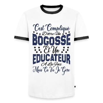 c'est compliqué d'être un Bogosse et un Educateur. - T-shirt contrasté Homme - blanc/noir - Devant - AI Model Female 172 light (172cm) & AI Model Male 178 dark (178cm)
