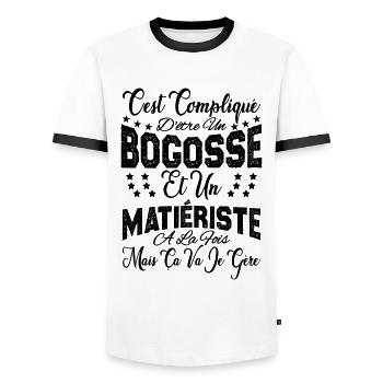 c'est compliqué d'être un Bogosse et un Matiériste - T-shirt contrasté Homme - blanc/noir - Devant - AI Model Female 172 light (172cm) & AI Model Male 178 dark (178cm)