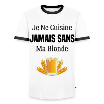 Je ne cuisine jamais sans ma blonde - T-shirt contrasté Homme - blanc/noir - Devant - AI Model Female 172 light (172cm) & AI Model Male 178 dark (178cm)