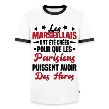 Les marseillais ont été créés pour les parisiens - T-shirt contrasté Homme - blanc/noir - Devant - AI Model Female 172 light (172cm) & AI Model Male 178 dark (178cm)