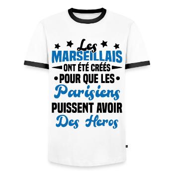 Les marseillais ont été créés pour les parisiens - T-shirt contrasté Homme - blanc/noir - Devant - AI Model Female 172 light (172cm) & AI Model Male 178 dark (178cm)