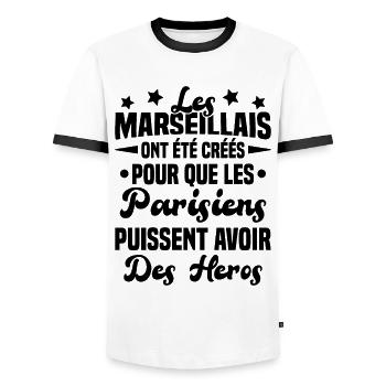 Les marseillais ont été créés pour les parisiens - T-shirt contrasté Homme - blanc/noir - Devant - AI Model Female 172 light (172cm) & AI Model Male 178 dark (178cm)