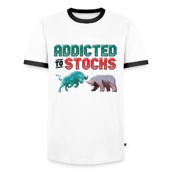Addicted to Stocks, Bull Bear Stock Market - Men's Ringer Shirt - white/black - Front - AI Model Female 172 light (172cm) & AI Model Male 178 dark (178cm)