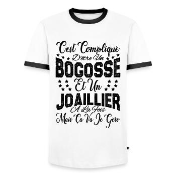 c'est compliqué d'être un Bogosse et un Joaillier. - T-shirt contrasté Homme - blanc/noir - Devant - AI Model Female 172 light (172cm) & AI Model Male 178 dark (178cm)
